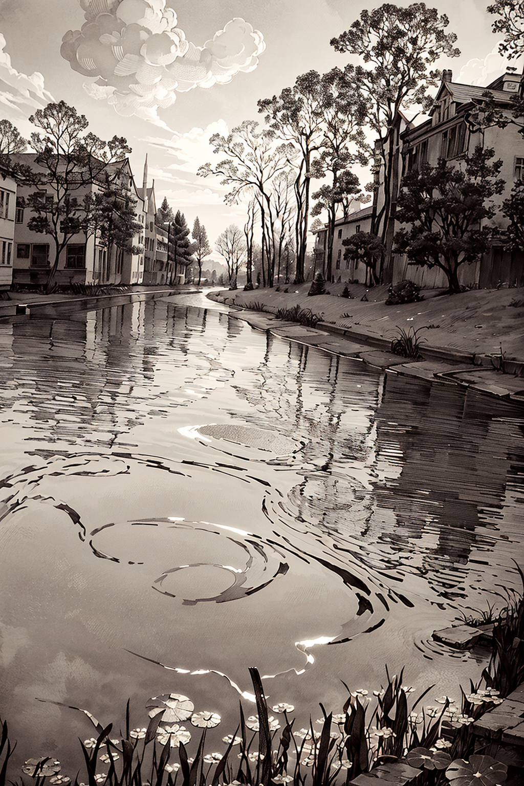 03170-1464770856-monochrome, grayscale, landscape, nature, traditional media, pond, lotus leaves, reeds, no man's land, trees, outdoors, plants,.png